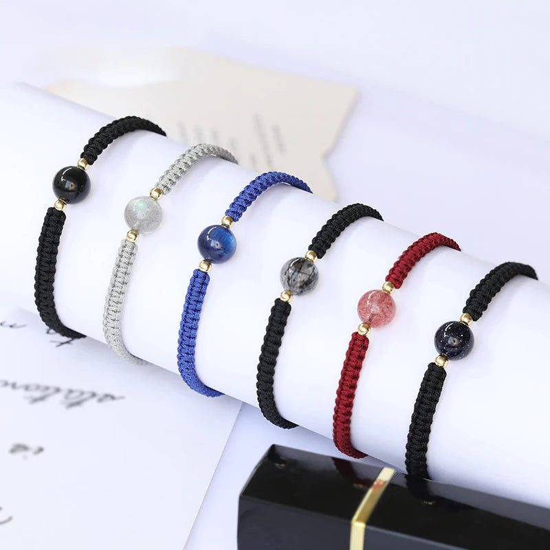Boho Handmade Colorful Natural Stone Obsidian Strawberry Quartz Moonstone Braided Woven String Bracelet for Women Men