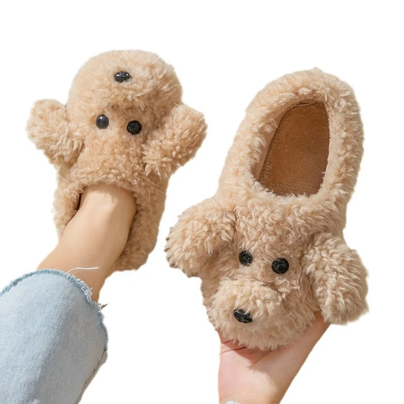 New Style Cute Cartoon Fuzzy Teddy Dog Slippers for Ladies Winter Indoor Flat Warm Fur Comfortable with Soft Plush Insole