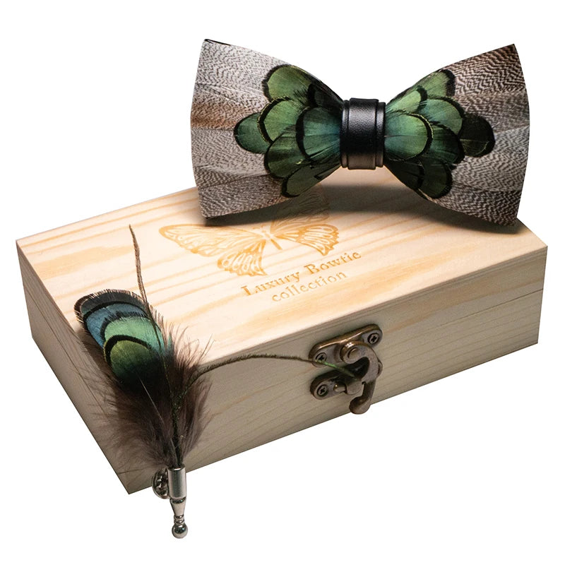 Handmade Wooden Box Pack Wedding Bow Ties and Brooch Set Natural Feather Bow Tie