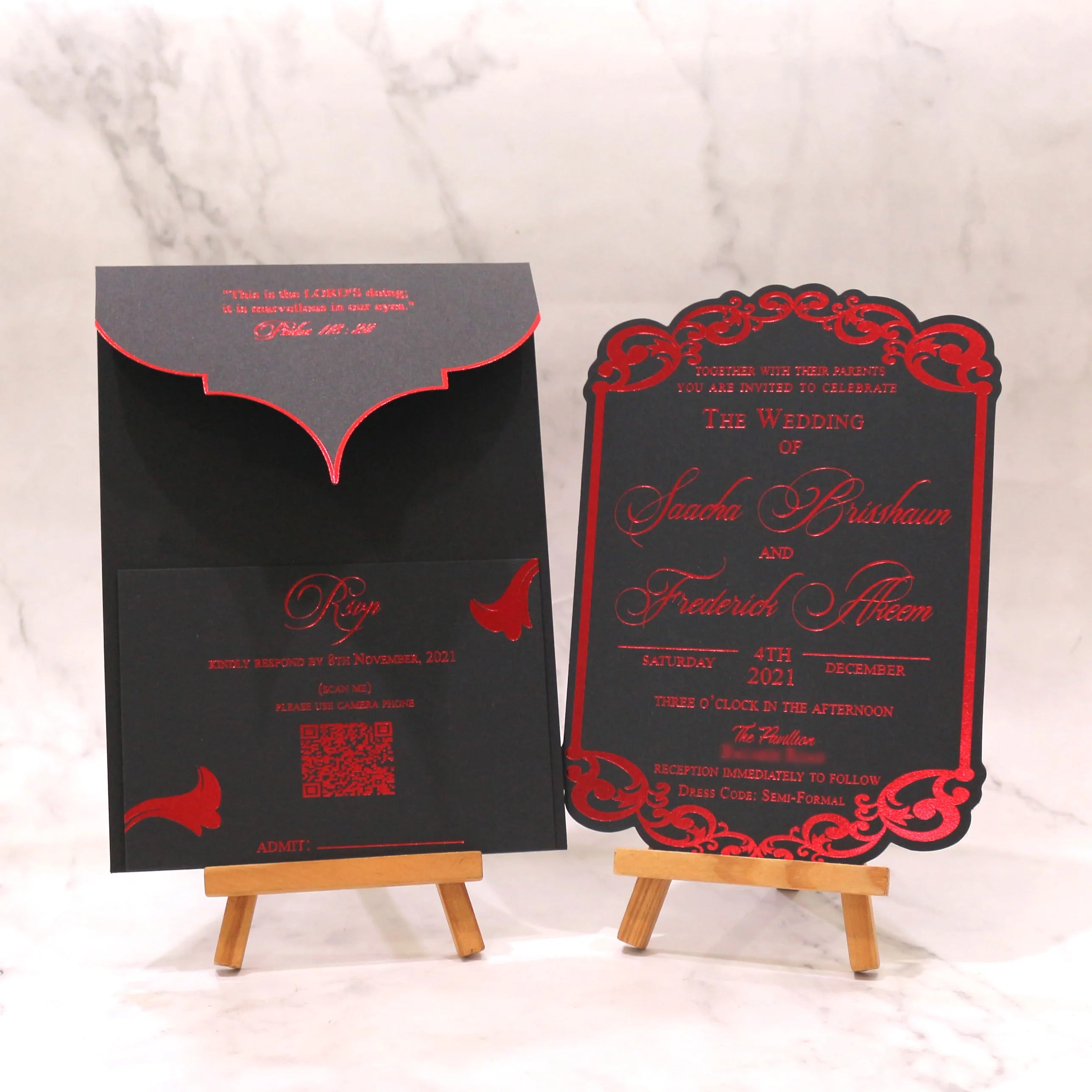 Custom Luxurious Wedding Invitations Black Main Cards Red Printing Reply Cards With Hot Stamping Envelope