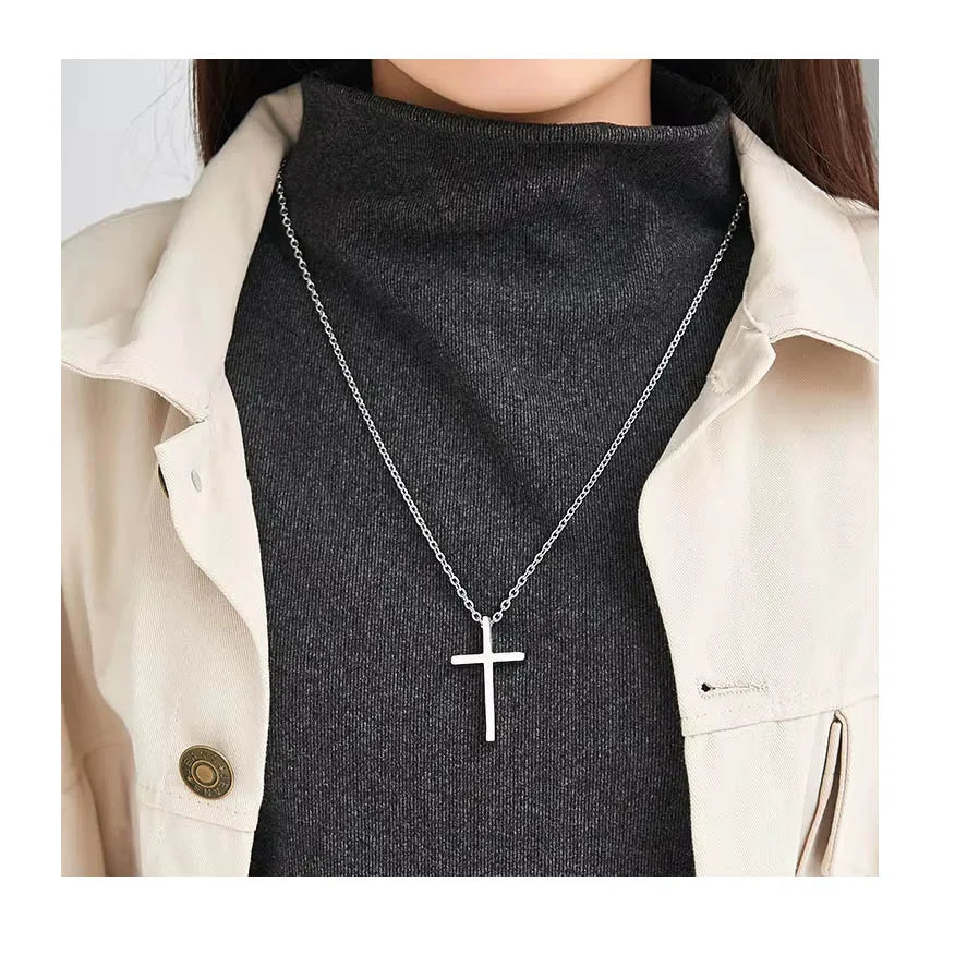 Cross Necklace for Men Hip-hop Silver Stainless Steel Plain Pendant Hot Sale Religious Blessing Bone Chain Ankh Necklace