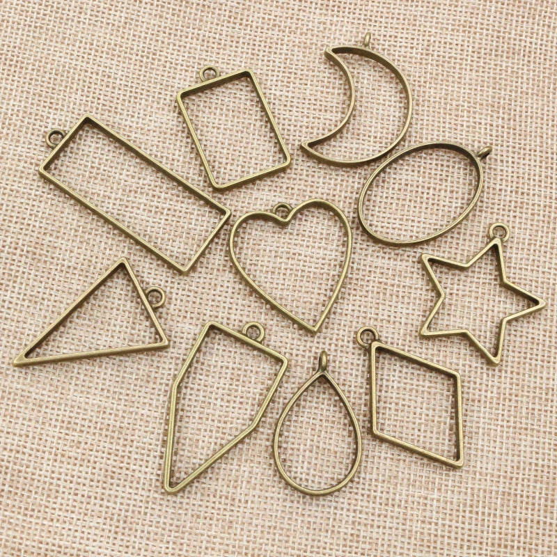 10pcs/lot Bronze Plated High Quality Geometric Figure Charm Photo Frame Hollow Glue Pendant Charms DIY Handmade