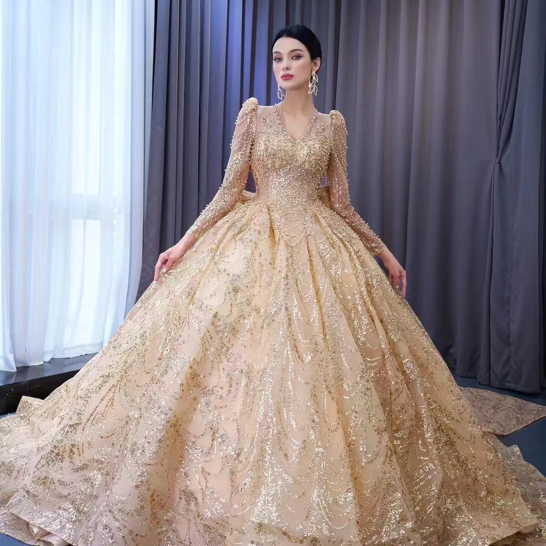 Elegant Long Puffy Evening Dresses Organza Ball Gown V-neck Graduation Party Dresses Pearls Appliques RSM222231