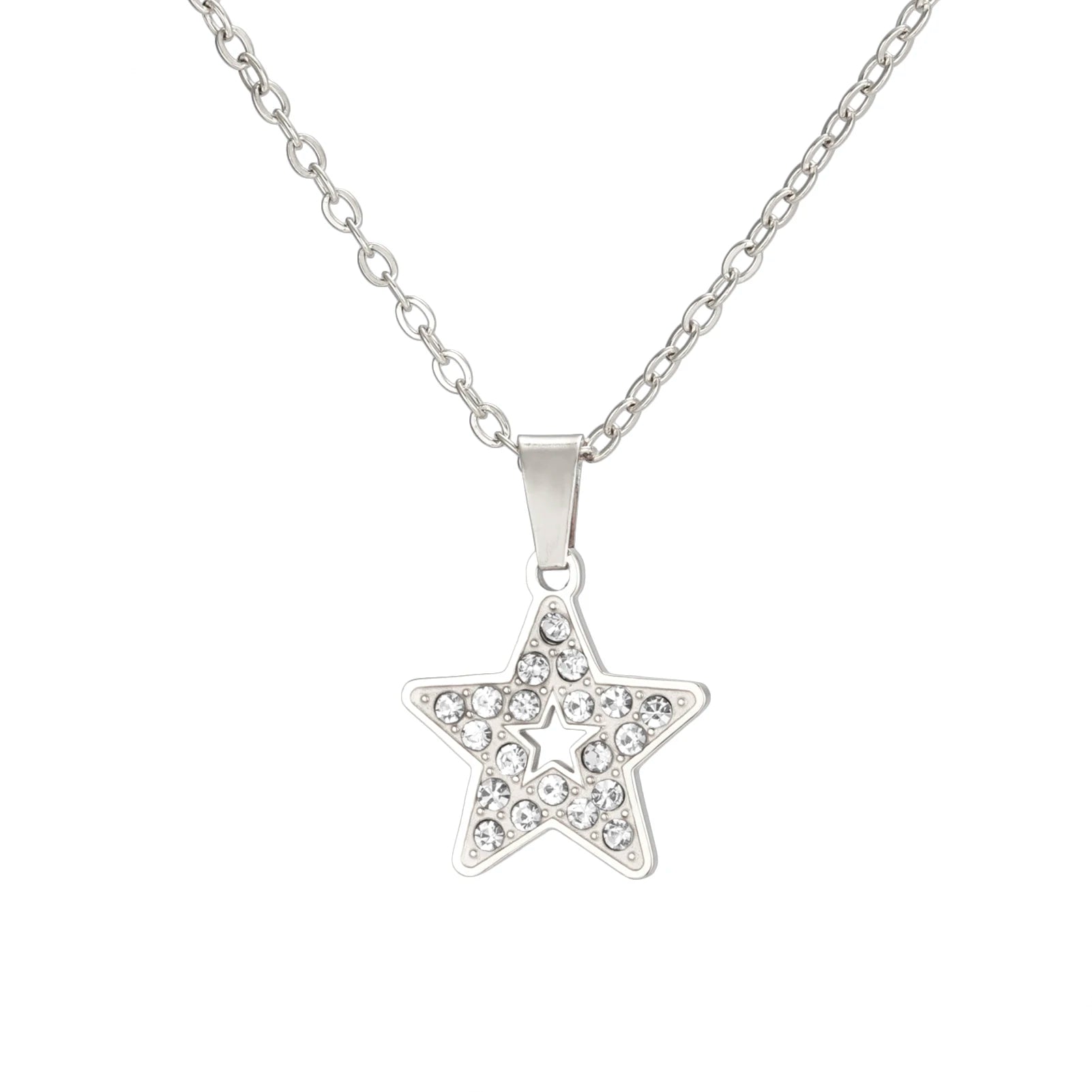 Stainless Steel Engraved Star Charm Necklace Rhinestone Beaded Chain Multi Chain Necklace Gold Plated Jewelry Gifts for Women