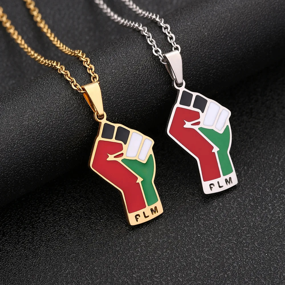 Fist Shape Palestine Map Chain Necklace Enameled Stainless Steel 18K Gold Plated Enamel Palestinian Flag Pendant Necklace