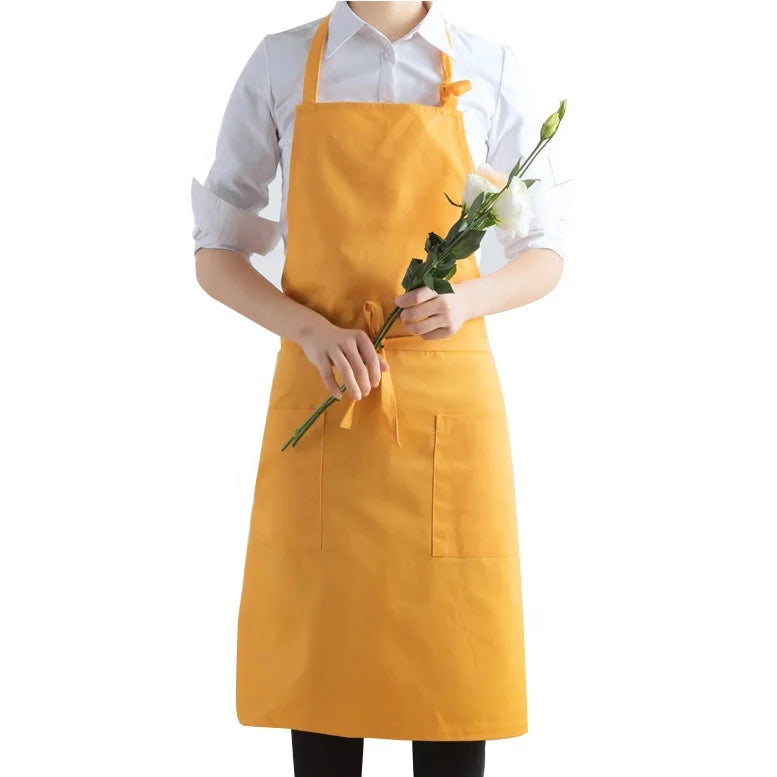 Yellow 100% Cotton 230gsm Twill Bib Apron with Adjustable Waist 2 Pockets & Eco-Friendly Design