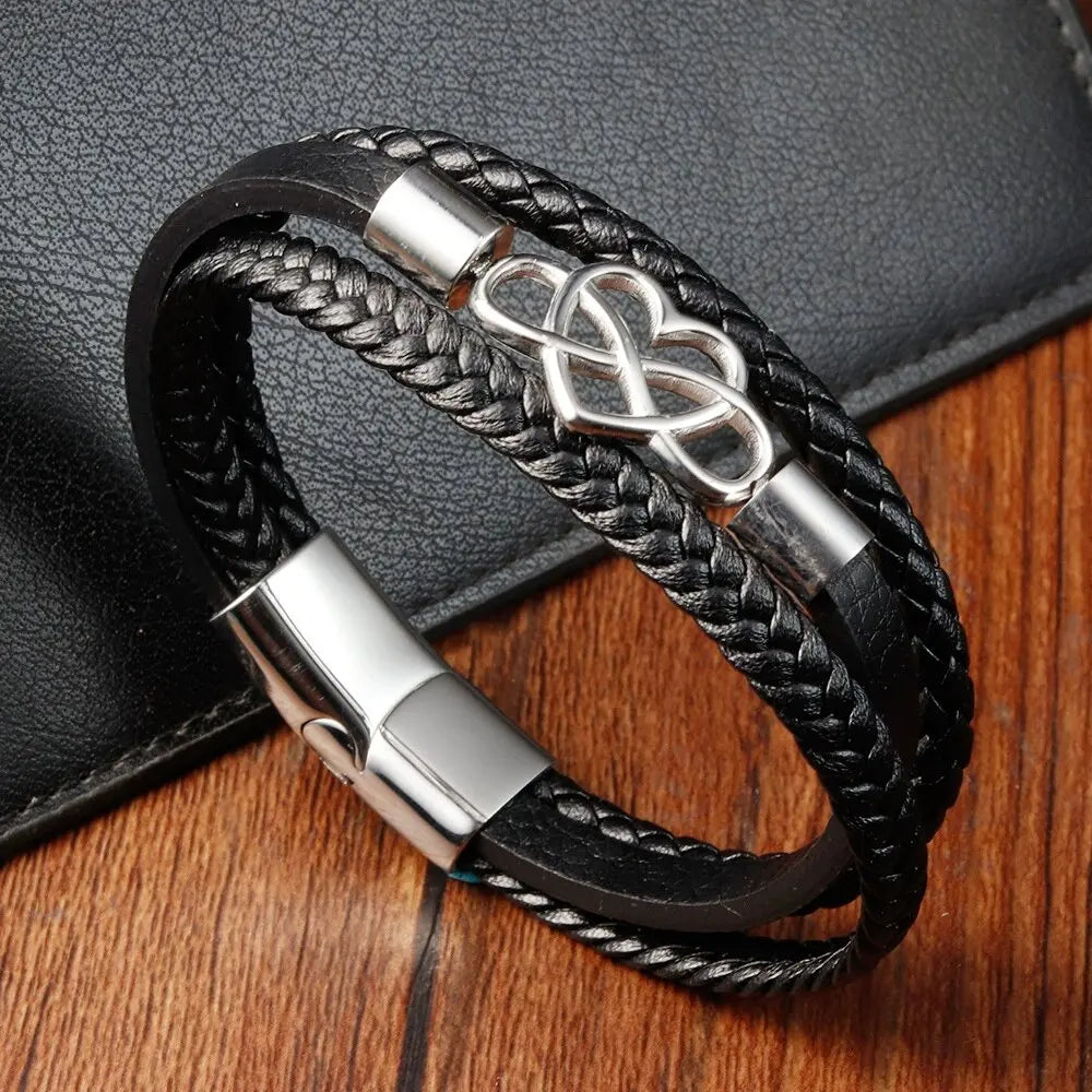 Popular Multilayer Stainless Steel Woven Leather Love Knot Infinity Charm Bracelet Men Braided Hand Jewelry Custom Laser Logo