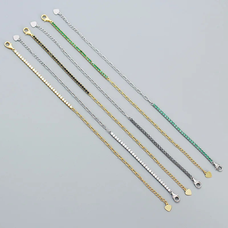 Delicate Thin 18k Gold 925 Sterling Silver Chain Half Zircon Tennis Chain Half Paper Clip Chain Bracelet