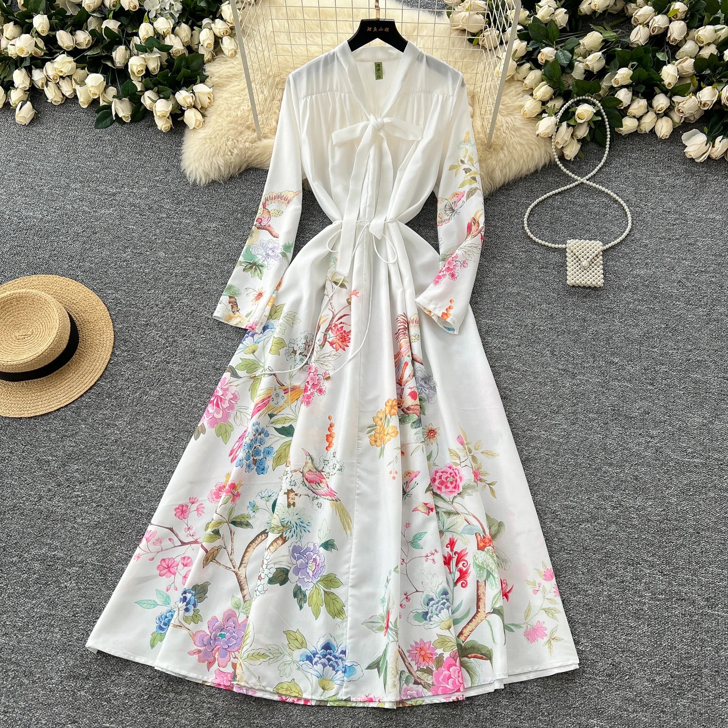 LW0872 High-End Elegant Dress 2025 Spring Dress French Socialite Bow Tie Long Sleeve Waist Print Full Dresses for Ladies