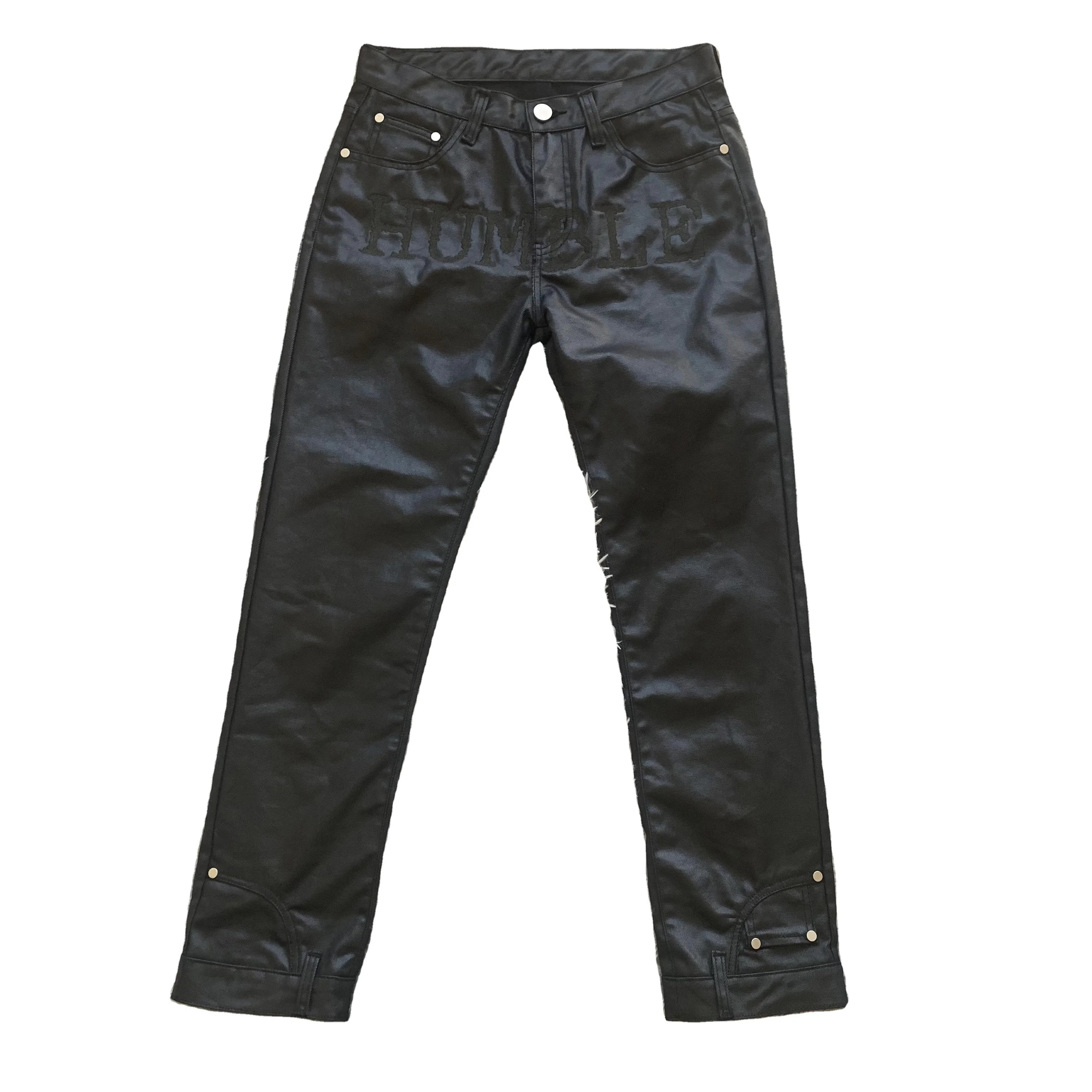 DENIMGUYS Custom Design Upside Down Button Embroidery Streetwear Hiphop Men's Waxed-Coated Denim Jeans
