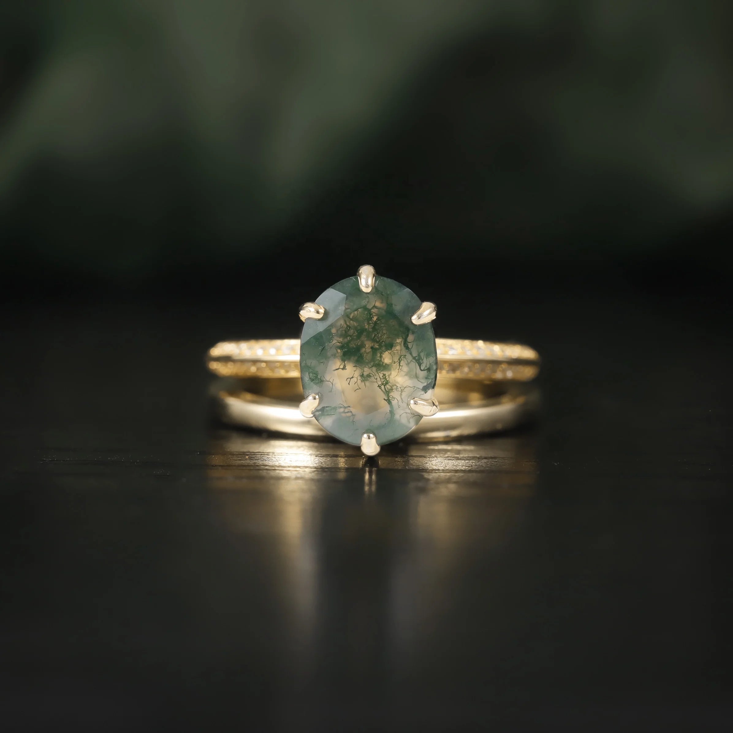 OL1164 Abiding Wholesale 6 Prong Big Size Oval Cut 8x10MM Moss Agate Half Eternity 925 Sterling Silver Handmade Ring Set