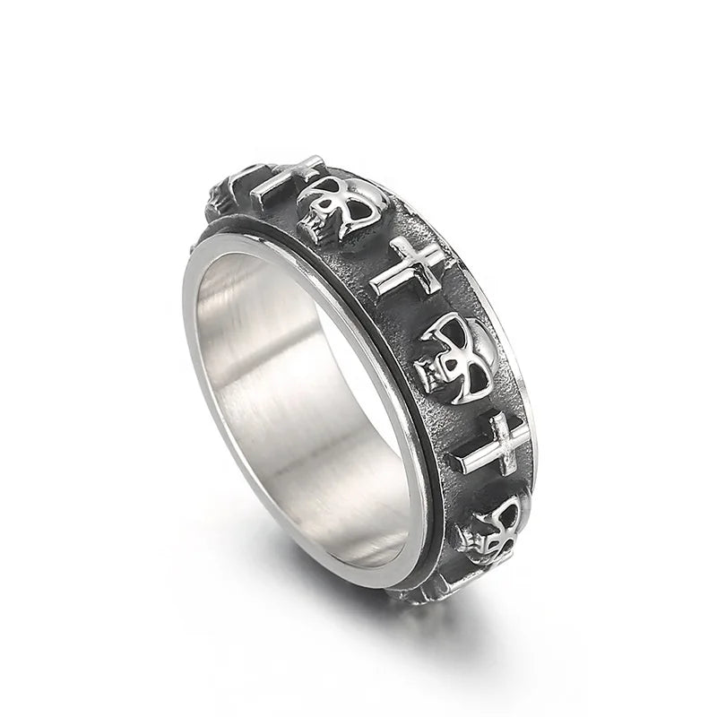 Men's Retro Simple Cross Titanium Steel Ring Rotatable and Decompressed Skull for Engagement Party Anniversary