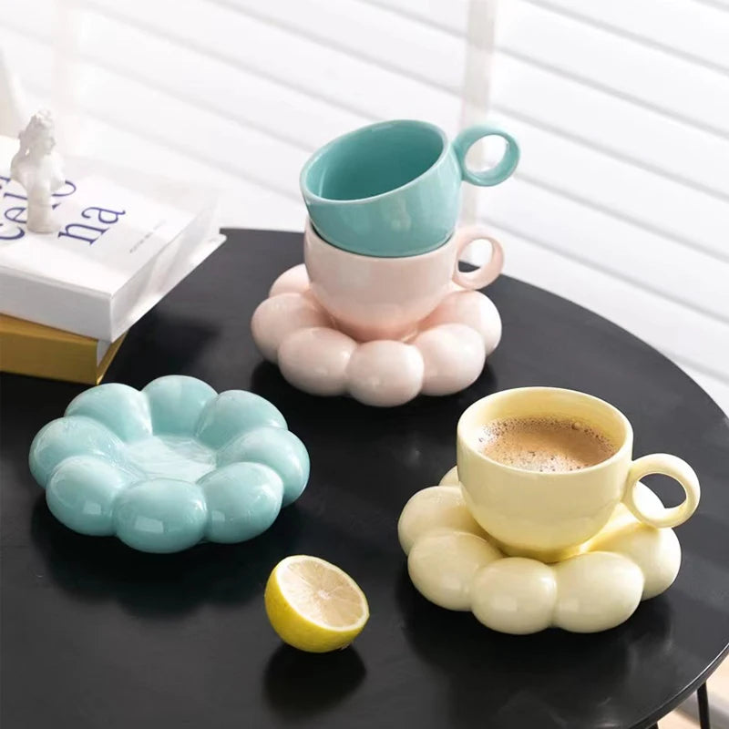 Product Nordic Ins Popular Macaron Series Porcelain Coffee Cup Sunflower Coffee Ceramic Cup and Saucer Set