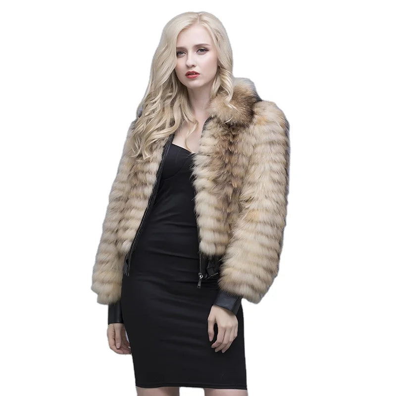 MWFur Winter Fashion Fur Jacket for Ladies Fashion Raccoon Fur Coat Leather Cuffs With Zips for Woman