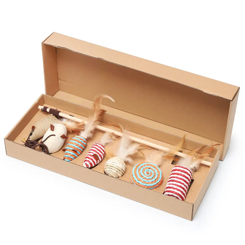 Wholesale Seven-Piece Cat Tease Stick and Bell Plush Mouse Wool Teething Pet Toy with Feather Cat Pole Gift Box