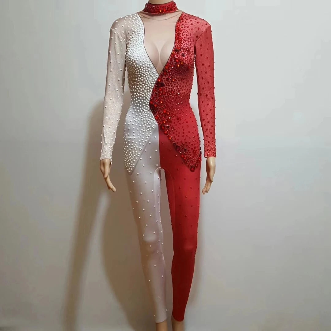 White Red Splice Suits Pattern Rhinestone Jumpsuit Women Singer Stage Outfit Bodysuit One-piece Costume Glisten Stretch Rompers