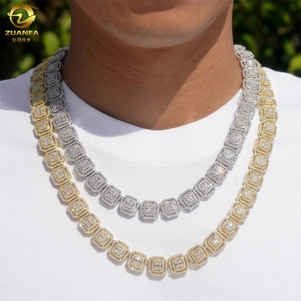 Zuanfa Jewelry Hip Pop Chain 925 Silver Diamond Necklace Pass Tester Double Lock Solid Silver Moissanite Necklace