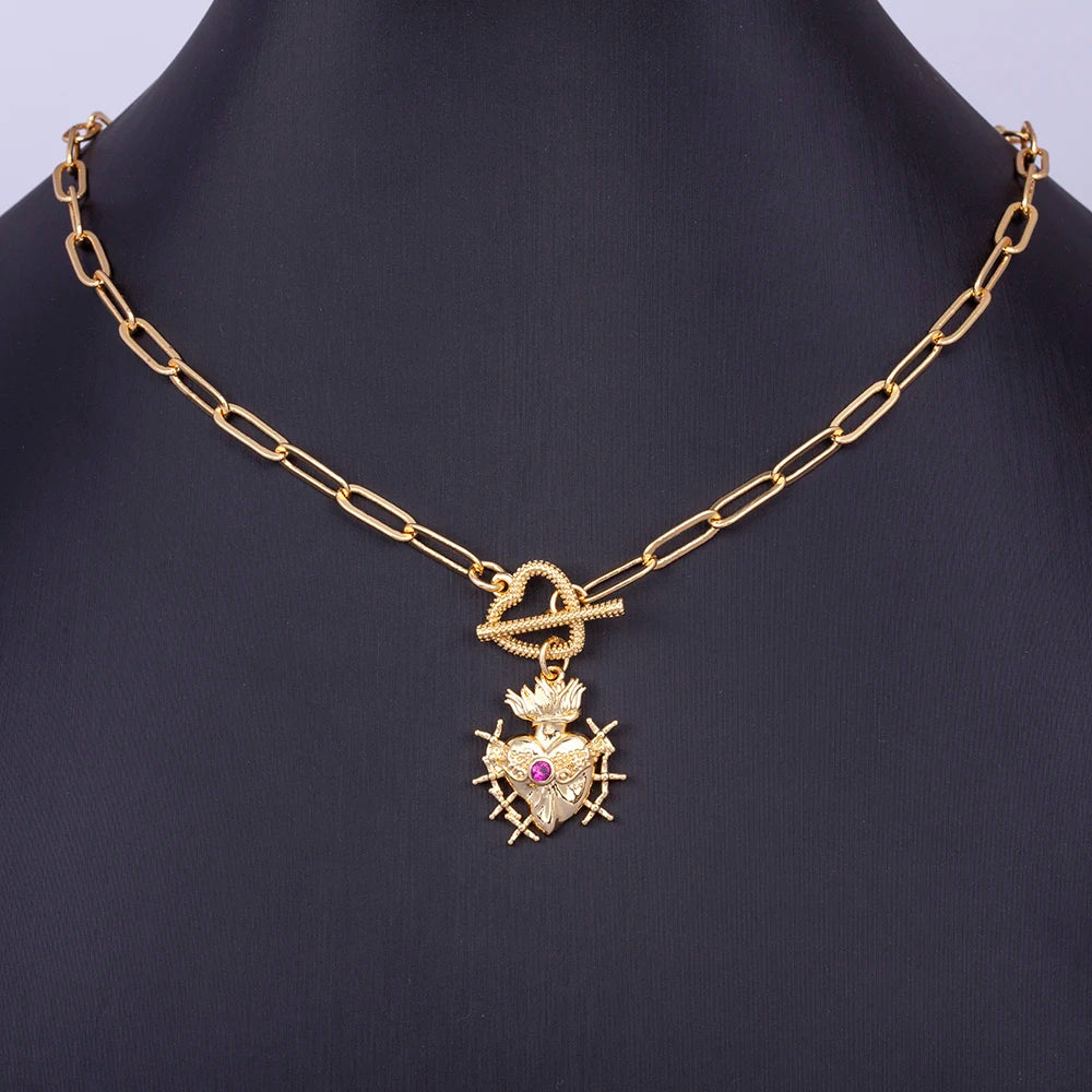 QIKU Trendy Double Heart Shape Gold Color Pendant Necklace Copper Zircon Purple Crystal Neck Chain Long Jewelry Wholesale Price