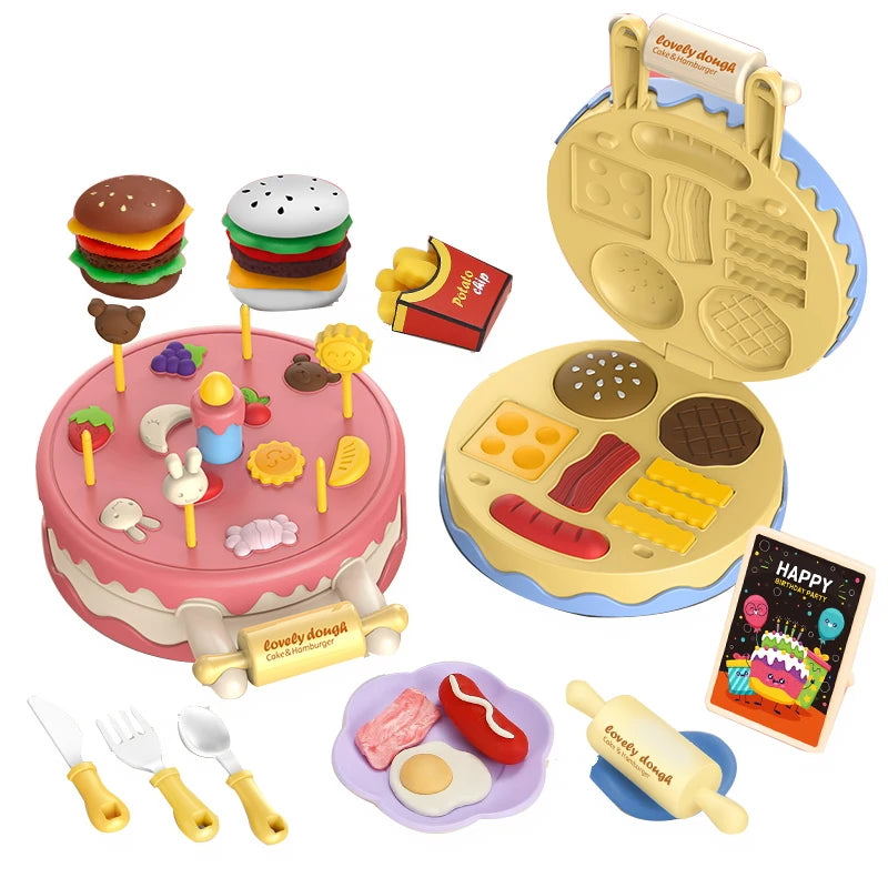 Fun DIY Hamburger Food Cake Putty Machine Color Clay Play Kids Cutters Dough Play Dough Set Toy