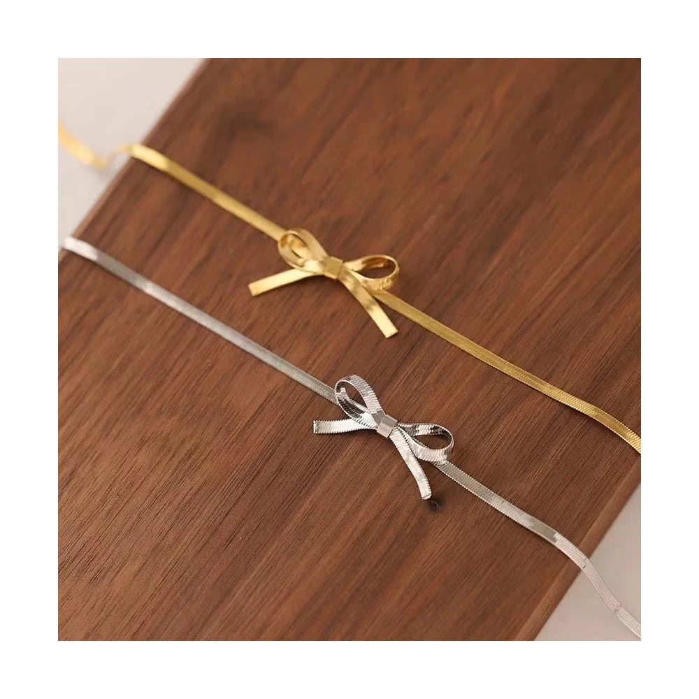 Non Tarnish Jewelry Waterproof Gold Plated Stainless Steel Flat Snake Choker Chain Bows Knot Necklace