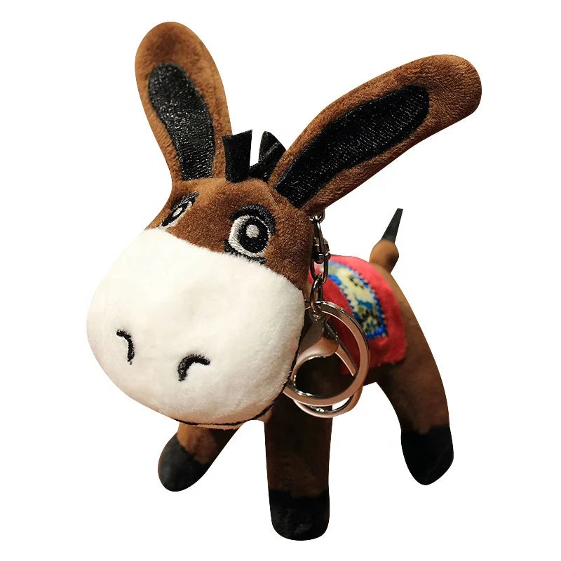 Cartoon Little Donkey Key Ring Small Stuffed Animal Burro Keychain Pendant Fur Material Mesh Lining Doll Decoration for Girl Bag