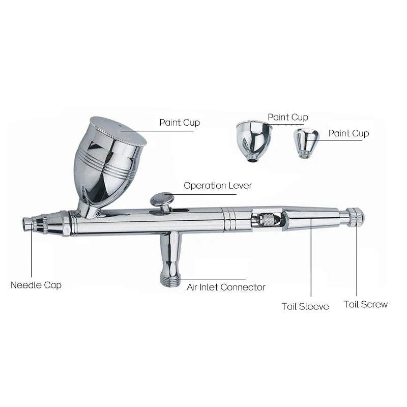 Professional Double Action 0.2mm Airbrush Gun with Cutaway Handle for Nail Art Paint & Cake Application Compressor Included