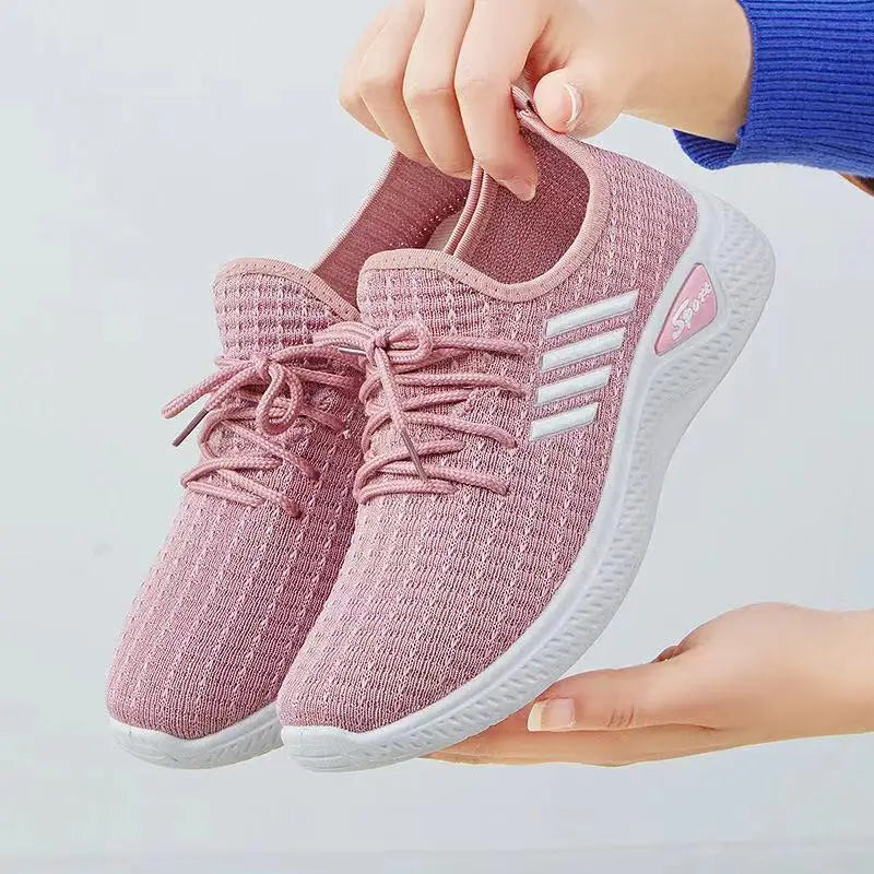 New Design Female Wedge Walking Shoes Low-top Mesh Breathable Lace-up Sneakers Flat Sport Casual Shoes for Women