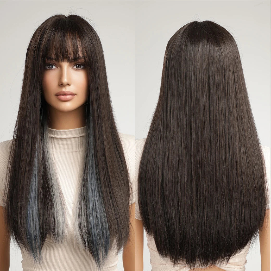 Factory Fast Delivery Black Brown Blue White Striped Dyed Long Straight Hair with Bangs Wig Matte Soft Synthetic Rose Net Wig