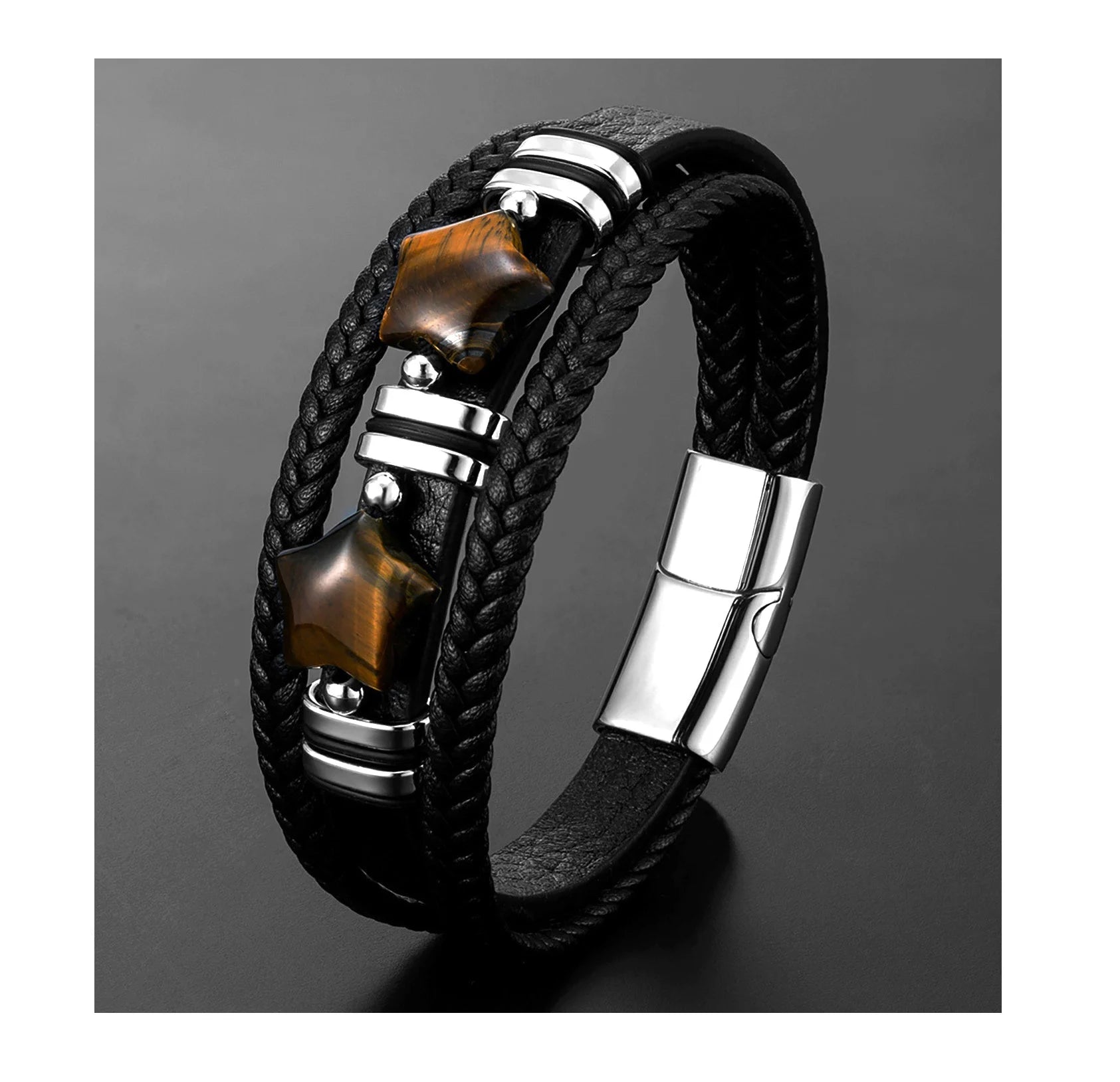 High Quality Handmade Braided Star Tiger Eye Stone Genuine Leather Bracelet Stainless Steel Magnetic Buckle Mens Bracelet