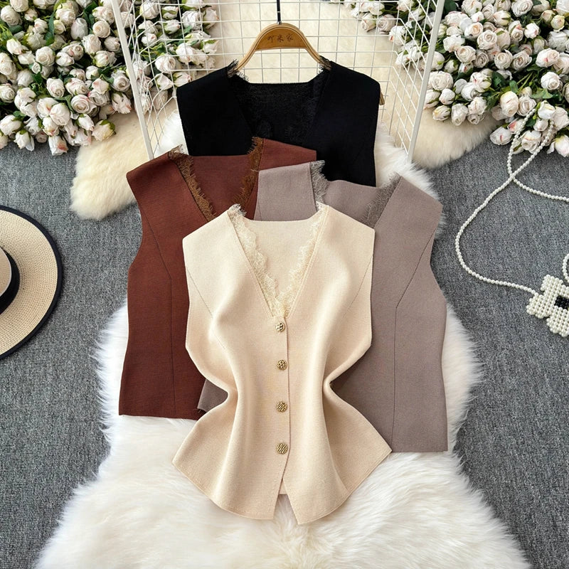 Boutique Wholesale 2026 Summer New Fashionable Lace Patchwork V-neck Single Breasted Sleeveless Women's Vest