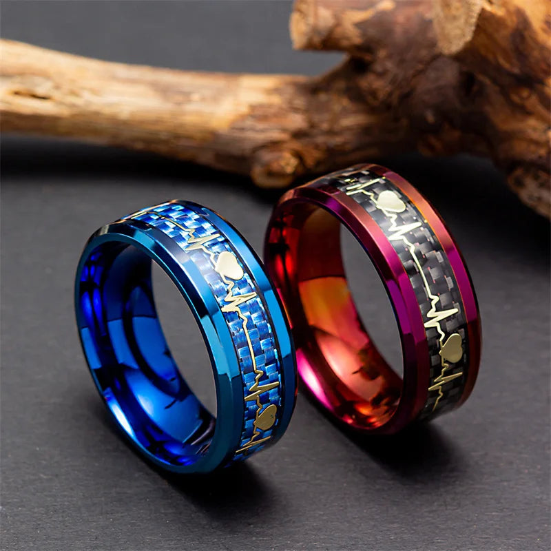 Jewelry 8MM Mens Tungsten Carbide Rainbow Colorful Plated With Black Carbon Fiber Inlay Ring BandECG Heartbeat Ring
