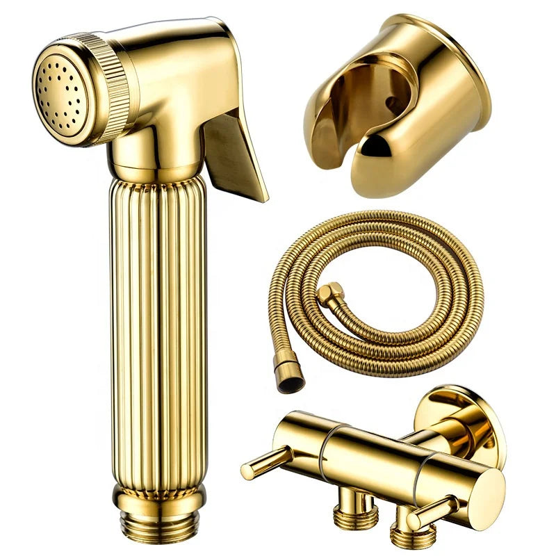 Golden Plating Handheld Bidet Sprayer Muslim Shattaf Set With Diverter Bracket and Shower Hose Handle Small Shower