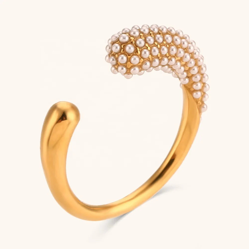 Dingran Summer Jewelry 18k Gold Plated Stainless Steel Waterproof Snake Shape Pearl Ring for Women