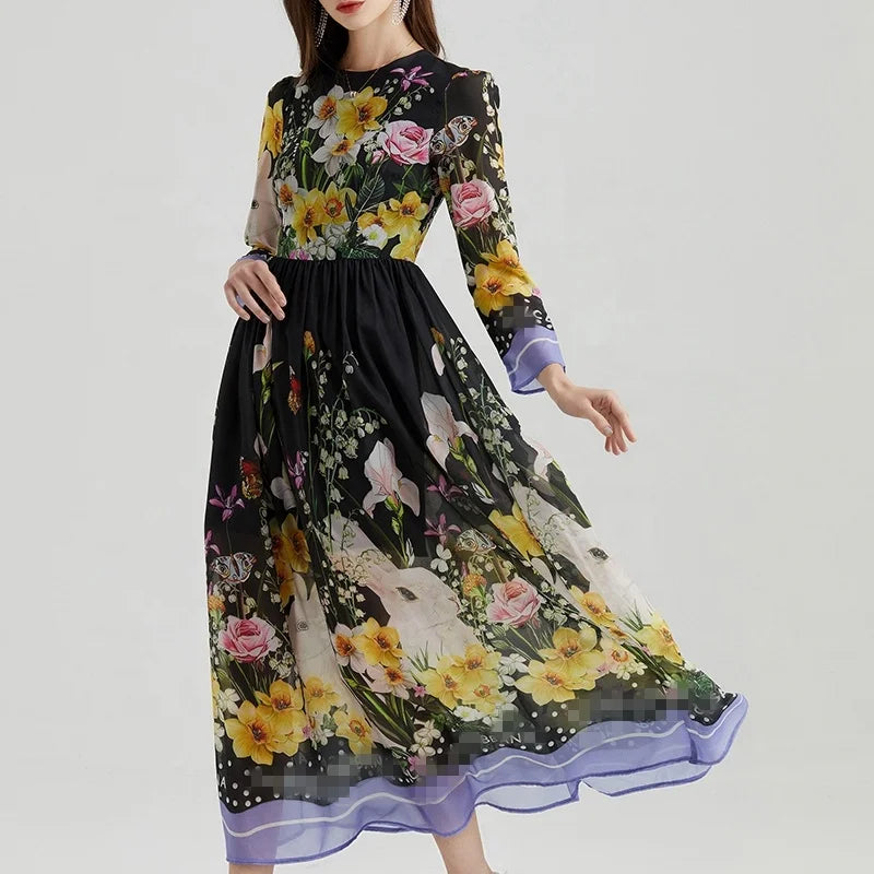 Casual Plus Size Women's Vintage Long Dress Black Print Long Sleeve Chiffon Dress Spring 2023 New