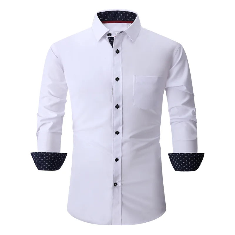 RNSHANGER Fashion Men Shirt Casual No Ironing Long Sleeve Men Dress Shirts Soft Solid Color Formal Business Polyester Male Shirt