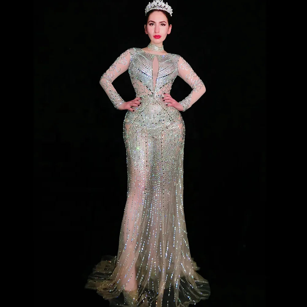 Elegant Mesh See Through Rhinestone Ball Gown Prom Dress Princess Birthday Bride Wedding Dress Women Mermaid Evening Dresses