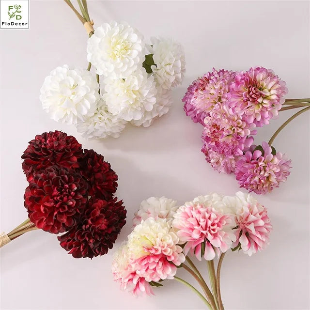 Hot Sale 6 Heads Artificial Dahlia White Flowers Bouquet Chrysanthemum for Home Decoration Flower Birthday Party