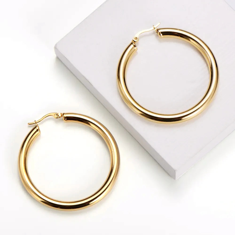 High End Stainless Steel 18k Gold Plated Hollow Chunky 5mm Thick Tube Hoop Earring