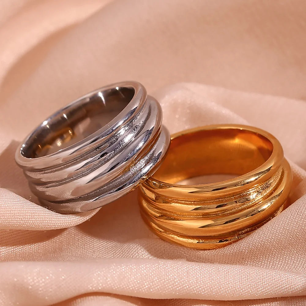 Dreamshow Summer Jewelry Irregular Three Layer Stainless Steel Signet Ring Water Proof Tarnish Free Jewelry
