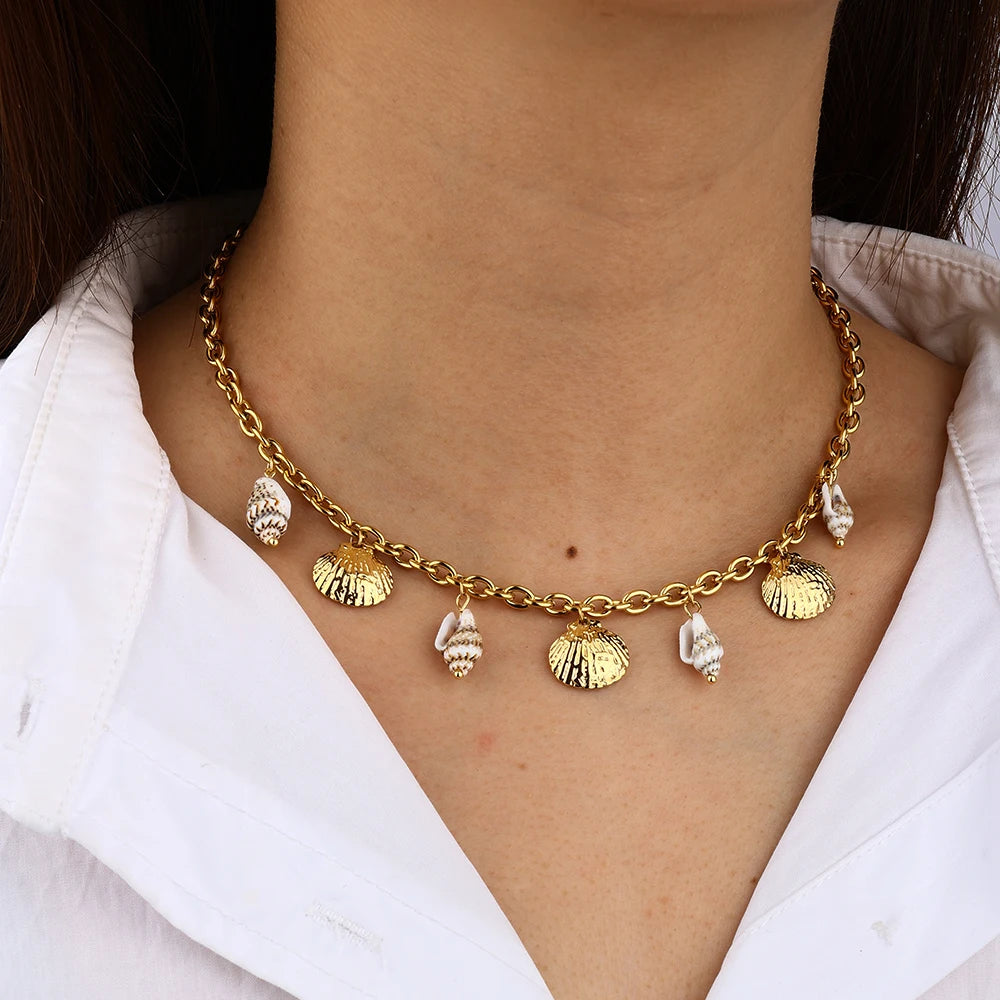 De Stainless Steel Shell Pendant Chain Natural Conch Shape Stainless Steel Necklace Gold Plated Stainless Steel Chain