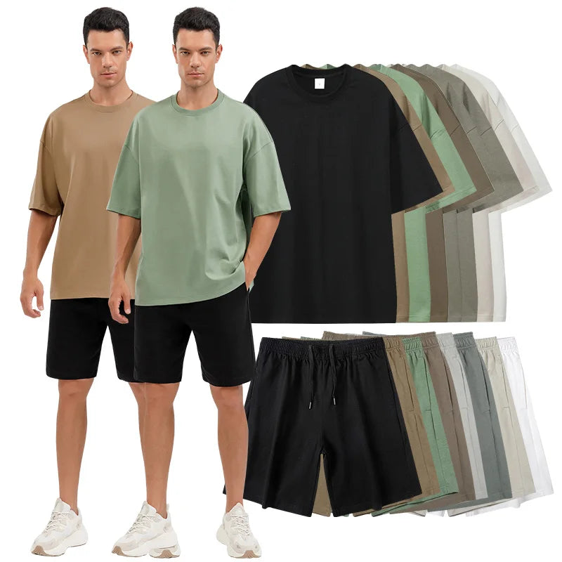 Men Short Set Sport Shirts Sweat Shorts 2 Piece Set Custom Tracksuit 100% Cotton Gym Clothing Men Suit