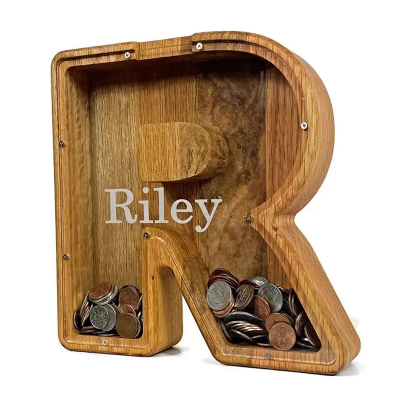 Customized Logo Creative Environmental Wooden English Letters Piggy Bank with Silk-screen Printing and Natural Wood Color