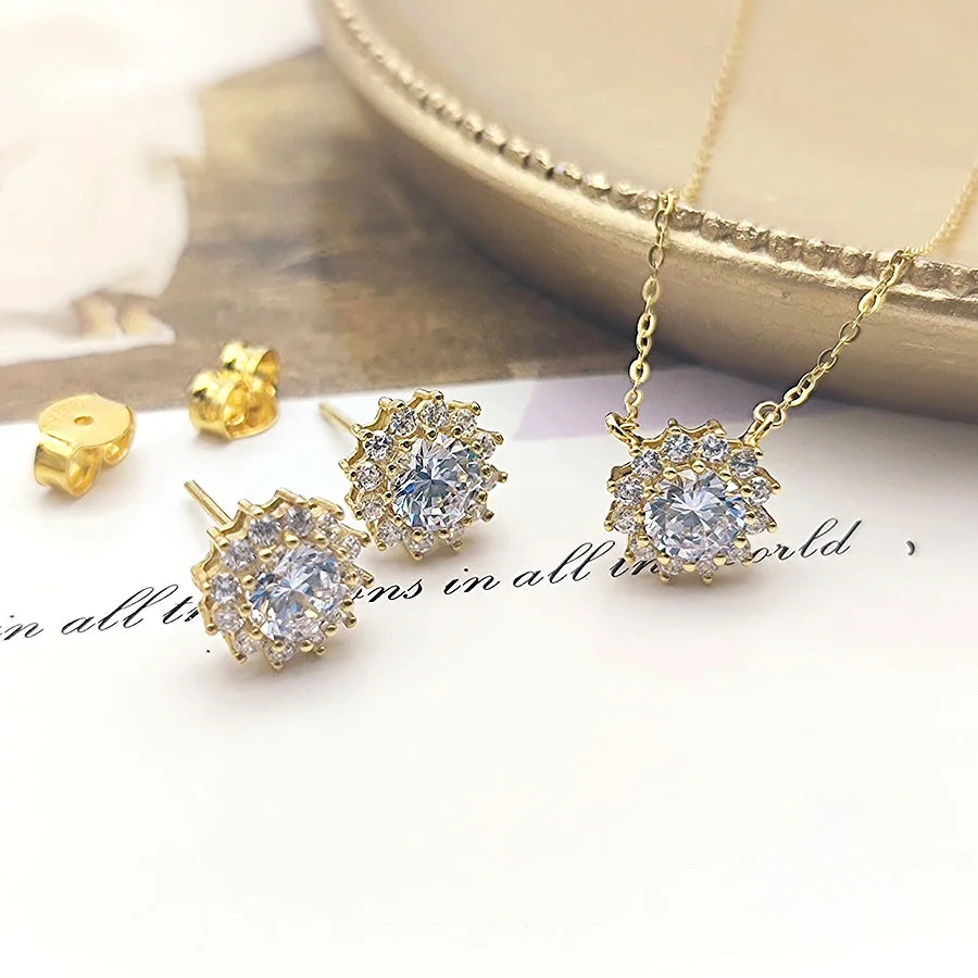 Pure Gold Halo Pendant Necklaces Earrings Wholesale 18k Genuine Gold Jewelry Set