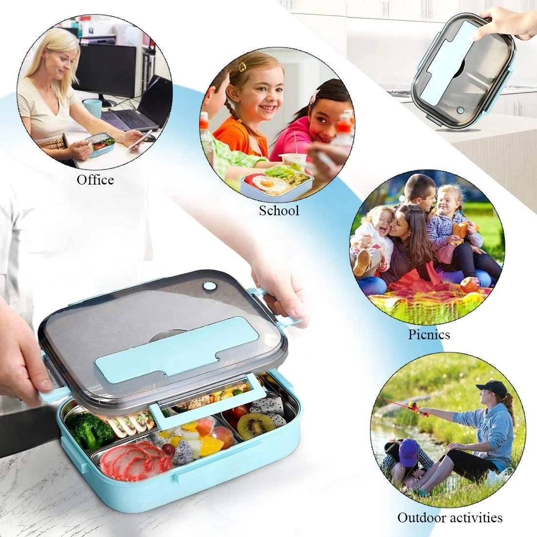 304 Stainless Steel Lunch Box Leakproof Bento Box with 4 Fixed Compartments Dishwasher Safe Lunch Box with Spoon