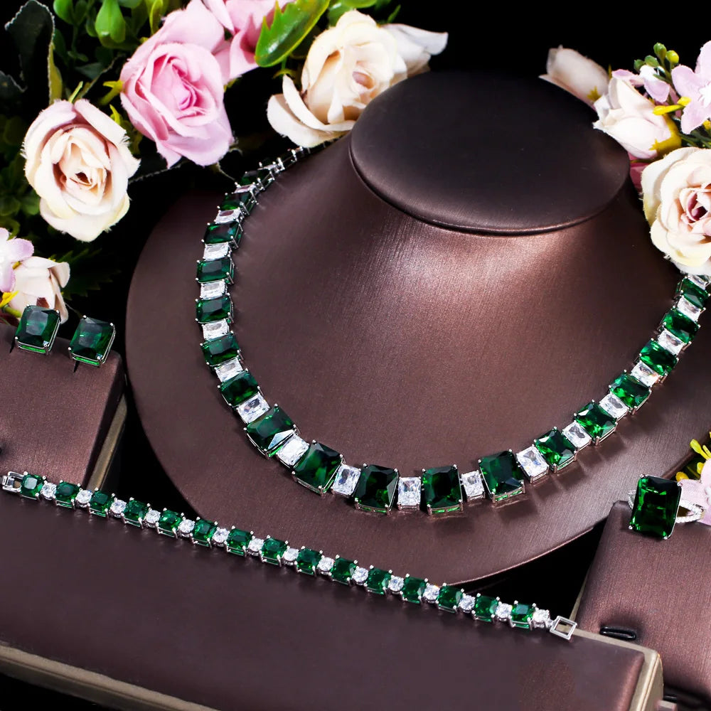 4pcs Square Cubic Zirconia Dark Green African Bride Jewelry Sets Necklace Earrings for Women Luxury Evening Party Costume