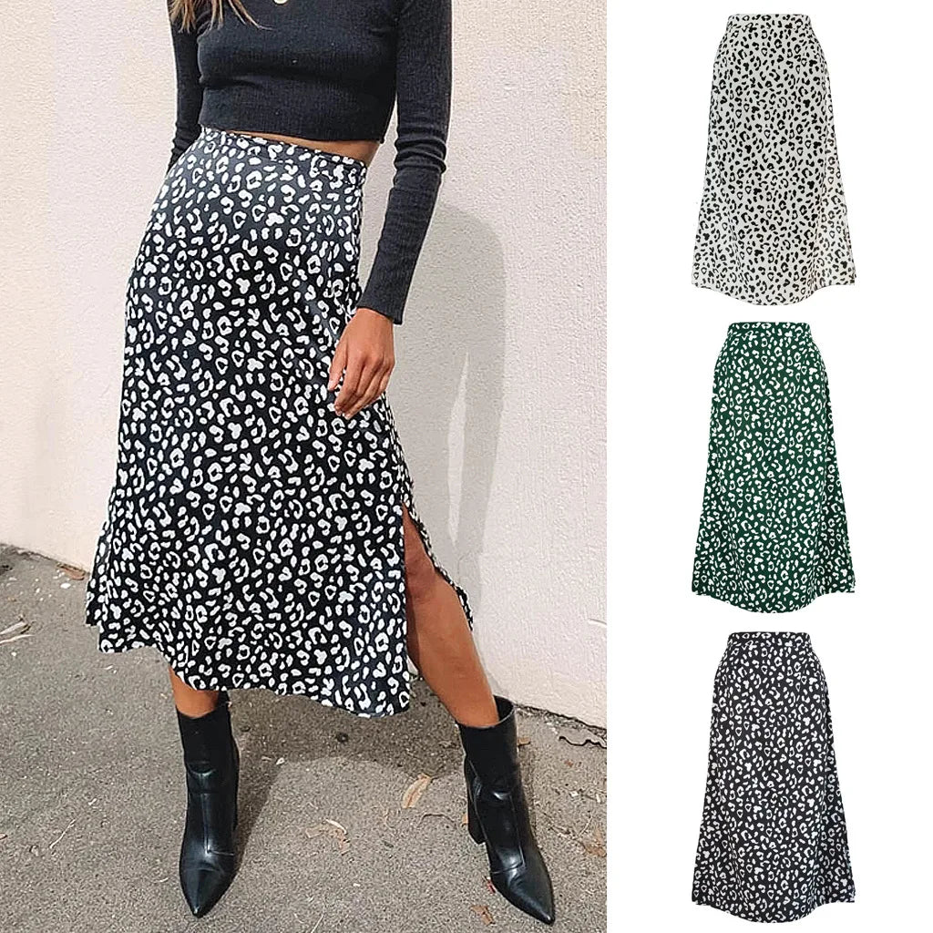 NEW Streetwear Leopard Print Midi Skirt Women Elastic High Waist Side Split Skirts Summer Female Bottom Girls a Line Skirt