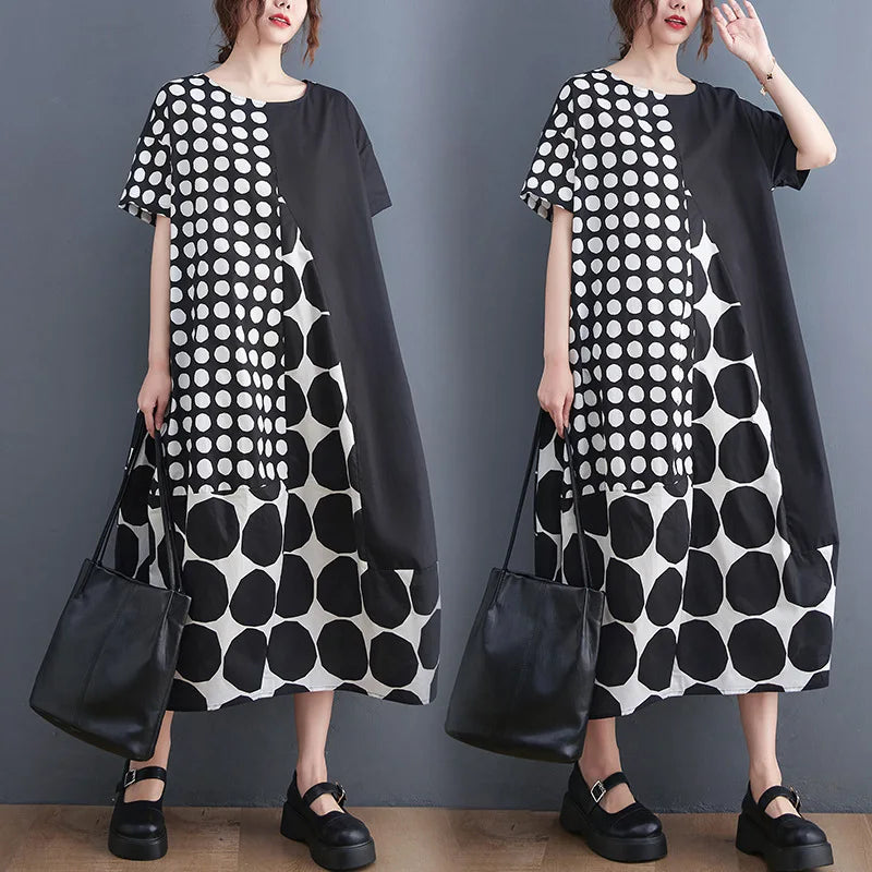 One Size Summer Art Large Size Loose Slim Casual Polka Dot Patch Mid Length Dress