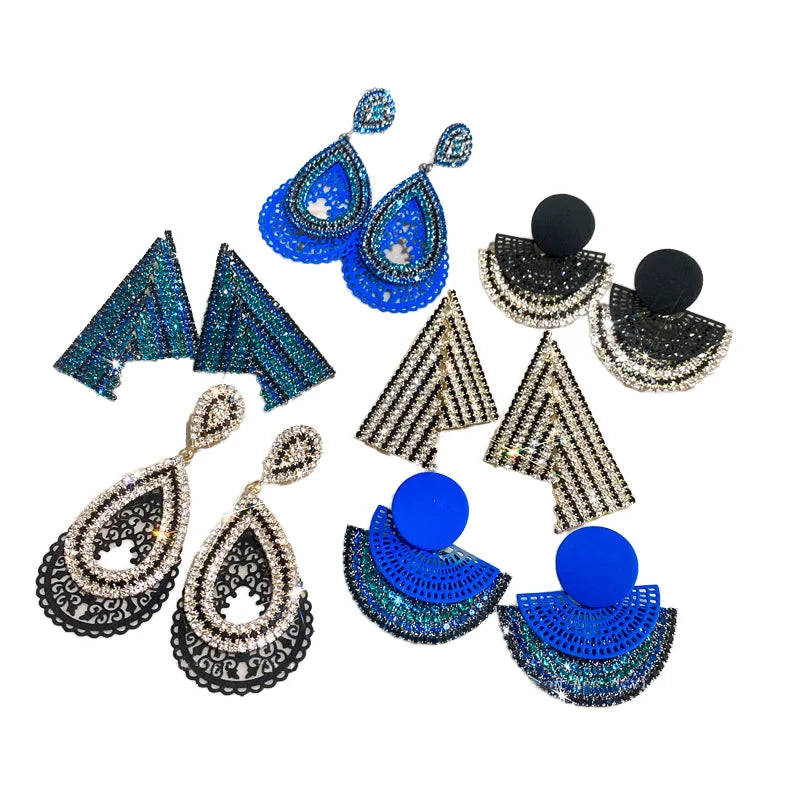 HOVANCI Blue Crystal Thread Diamond Tassel Earrings Asymmetric Waterdrop Aretes with Half Circle Engraving Fashion Drop Aretes