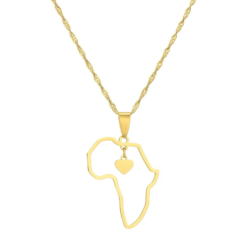 Wholesale 18K Gold Ion Plated Country Jewelry Stainless Steel Map of Africa Heart Pendant Necklace