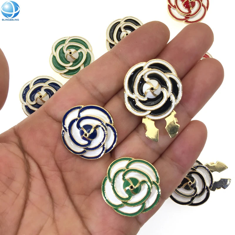 Handmade Premium Camellia Button Clip Shirt Jewellery Decoration CC Enamel Flower Button Cover Cufflinks Brooch